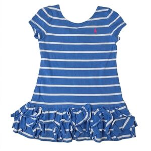 Ralph Lauren Girls Blue White Striped Ruffle Dress 4T Pink Pony